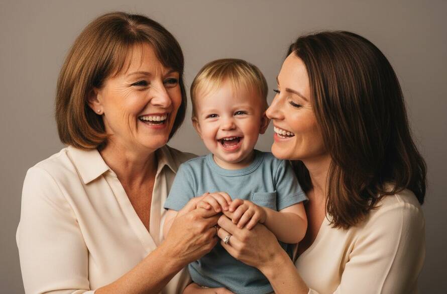 An emotionally resonant, professionally lit studio portrait in Albanvale, capturing a multi-generational family's genuine, shared laughter, reflecting the essence of Albanvale professional studio portraits for lasting memories.