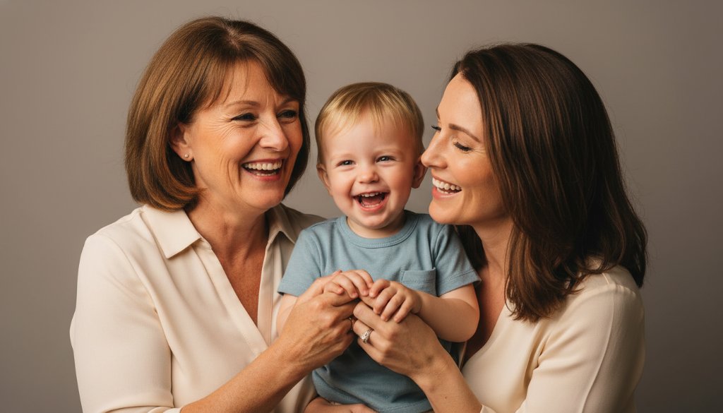 An emotionally resonant, professionally lit studio portrait in Albanvale, capturing a multi-generational family's genuine, shared laughter, reflecting the essence of Albanvale professional studio portraits for lasting memories.