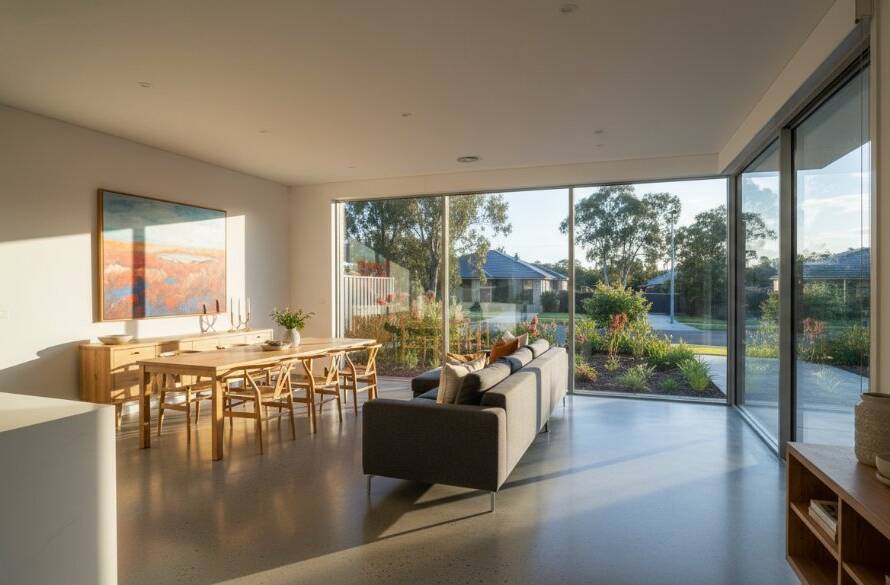 Dramatic wide-angle shot showcasing the inviting modern living space of an Albanvale home at twilight, expertly captured by Albanvale real estate photography for modern homes, with warm interior lights glowing and a manicured garden visible outside.