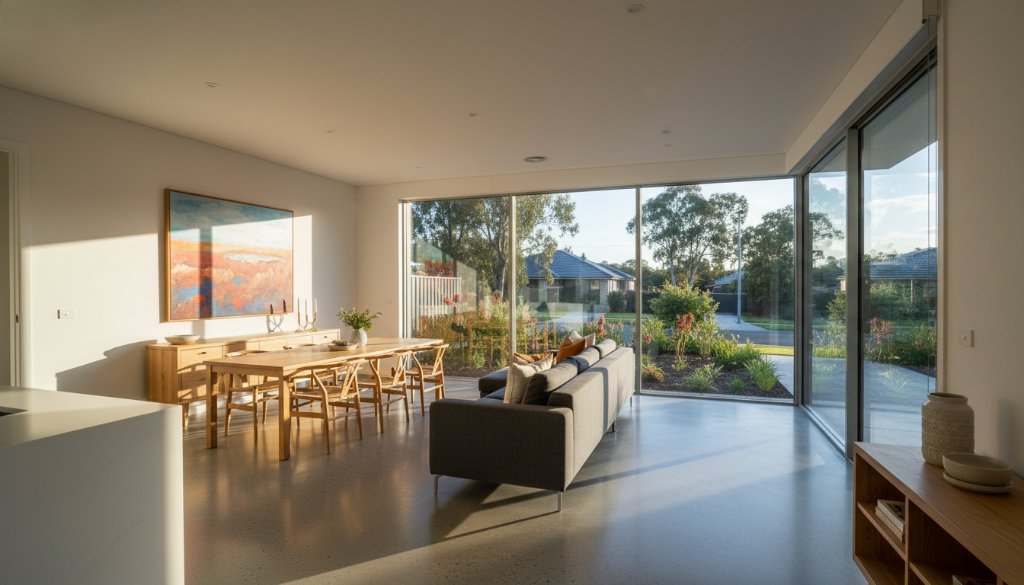 Dramatic wide-angle shot showcasing the inviting modern living space of an Albanvale home at twilight, expertly captured by Albanvale real estate photography for modern homes, with warm interior lights glowing and a manicured garden visible outside.