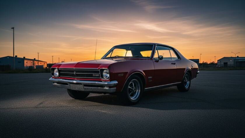 Dramatic Albanvale twilight car photography services capture a sleek, vintage muscle car bathed in golden hour light against a silhouetted industrial backdrop in Albanvale, Victoria, emphasizing its powerful lines and vibrant colour.