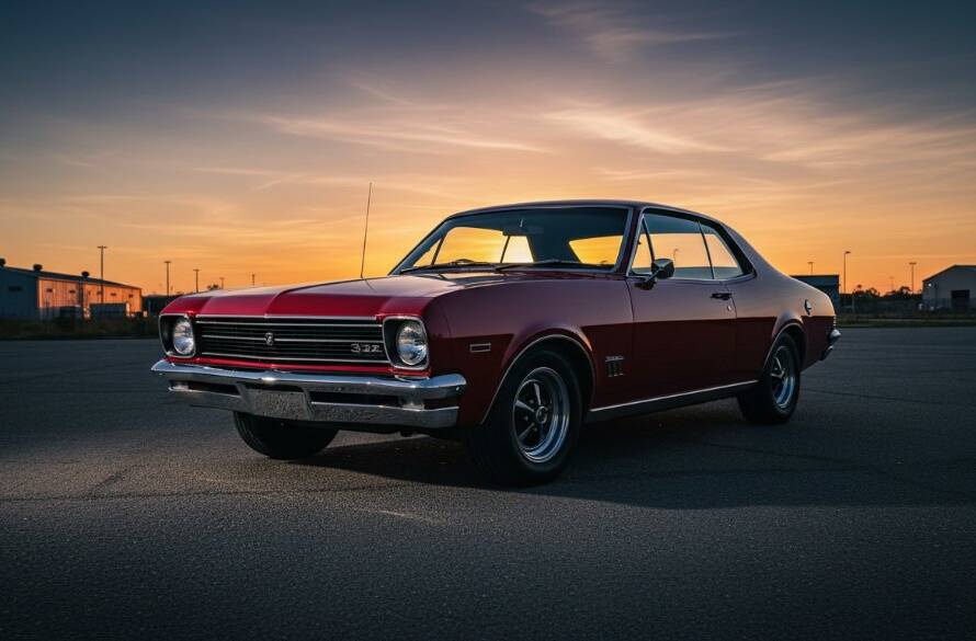 Dramatic Albanvale twilight car photography services capture a sleek, vintage muscle car bathed in golden hour light against a silhouetted industrial backdrop in Albanvale, Victoria, emphasizing its powerful lines and vibrant colour.