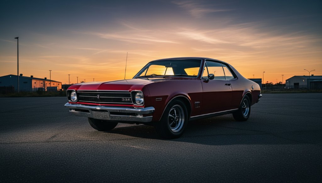 Dramatic Albanvale twilight car photography services capture a sleek, vintage muscle car bathed in golden hour light against a silhouetted industrial backdrop in Albanvale, Victoria, emphasizing its powerful lines and vibrant colour.