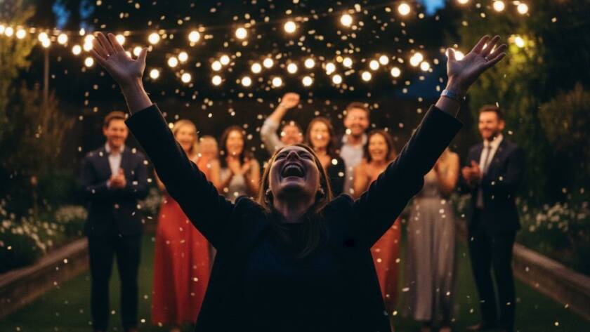 An ecstatic group of friends dancing under festive lights at a backyard party in Albanvale, perfectly capturing Albanvale vibrant party photography packages with professional, cinematic lighting.