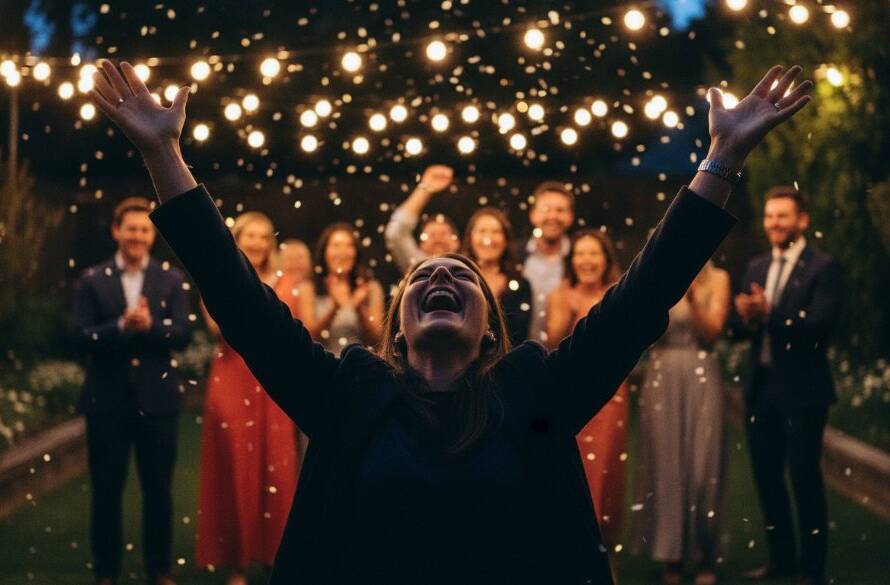 An ecstatic group of friends dancing under festive lights at a backyard party in Albanvale, perfectly capturing Albanvale vibrant party photography packages with professional, cinematic lighting.