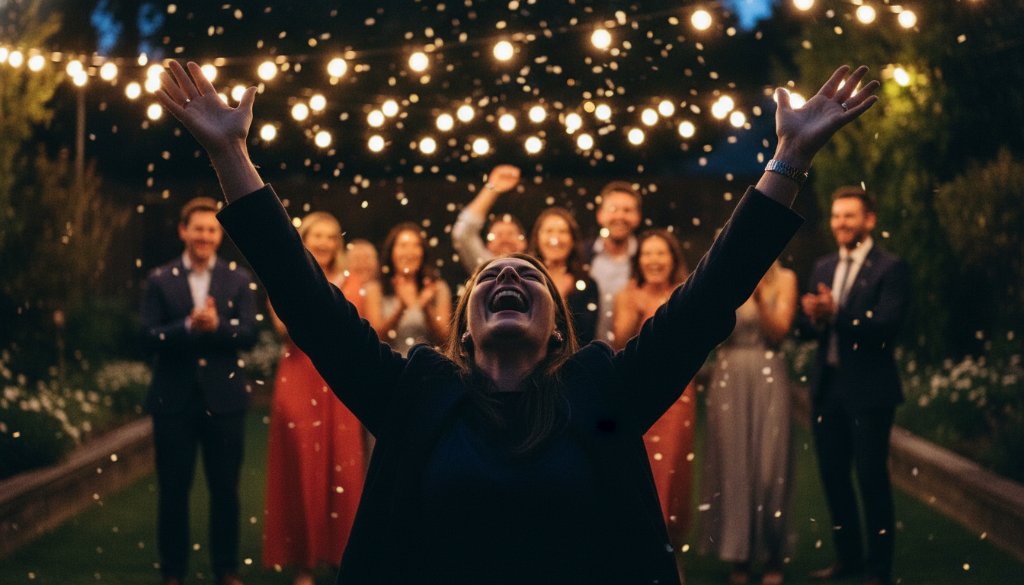 An ecstatic group of friends dancing under festive lights at a backyard party in Albanvale, perfectly capturing Albanvale vibrant party photography packages with professional, cinematic lighting.