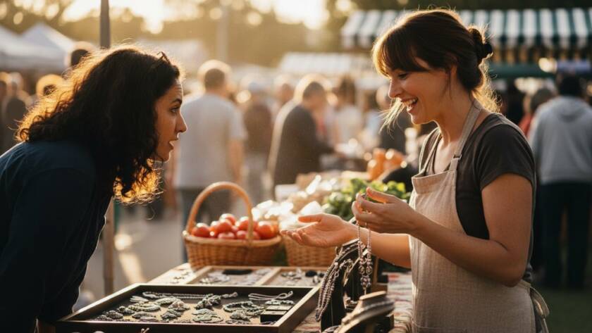 Dynamic Albanvale Victoria editorial photography capturing an epic moment of a local business owner engaging with customers in a vibrant community market setting, showcasing authentic brand storytelling and lively interaction under dramatic morning light.