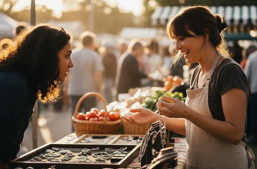 Dynamic Albanvale Victoria editorial photography capturing an epic moment of a local business owner engaging with customers in a vibrant community market setting, showcasing authentic brand storytelling and lively interaction under dramatic morning light.