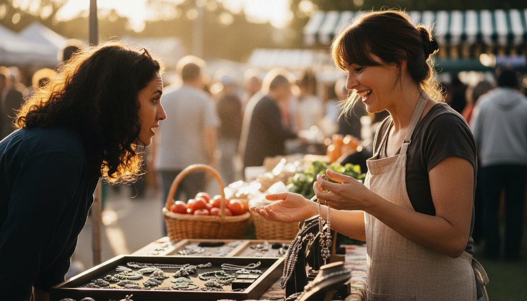 Dynamic Albanvale Victoria editorial photography capturing an epic moment of a local business owner engaging with customers in a vibrant community market setting, showcasing authentic brand storytelling and lively interaction under dramatic morning light.