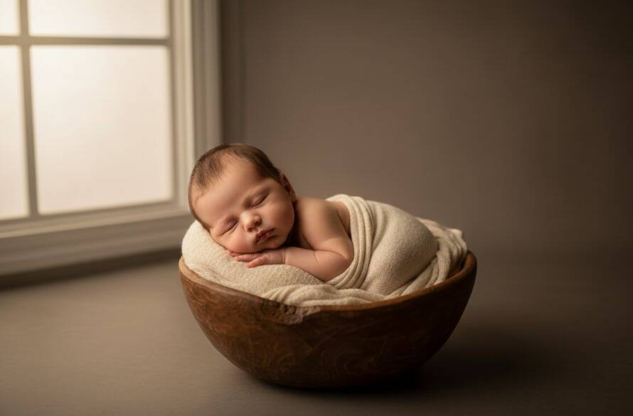 An 'epic moment' photograph from an Albanvale Victoria newborn photography artistic studio session, showing a newborn baby wrapped in soft cream fabric, peacefully asleep on a rustic wooden prop, bathed in a dramatic, ethereal golden light filtering from a large window, creating a serene and timeless portrait.
