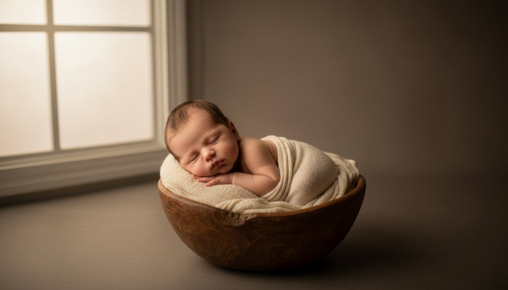 An 'epic moment' photograph from an Albanvale Victoria newborn photography artistic studio session, showing a newborn baby wrapped in soft cream fabric, peacefully asleep on a rustic wooden prop, bathed in a dramatic, ethereal golden light filtering from a large window, creating a serene and timeless portrait.