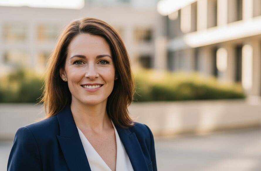A professional headshot by an Albanvale Victoria Professional Headshot Photographer, capturing a confident young professional in a golden hour glow, standing against a softly blurred, modern architectural backdrop in Albanvale, exuding success and approachability.