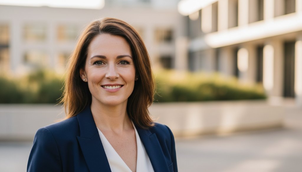 A professional headshot by an Albanvale Victoria Professional Headshot Photographer, capturing a confident young professional in a golden hour glow, standing against a softly blurred, modern architectural backdrop in Albanvale, exuding success and approachability.