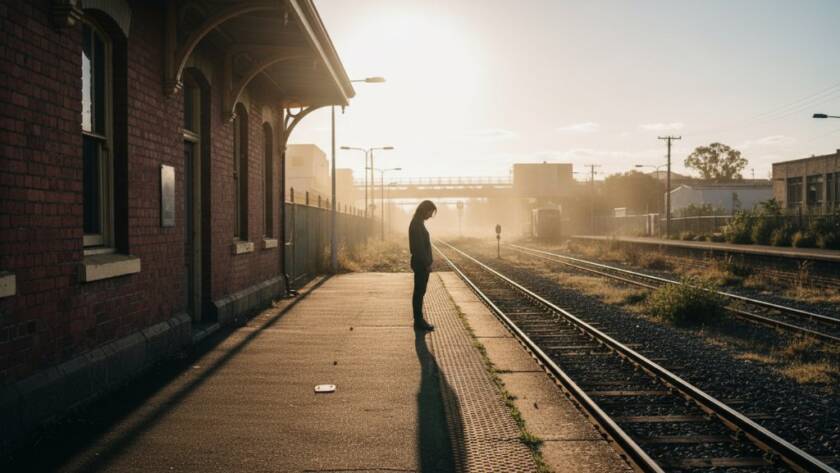 A striking fine art photograph capturing an intimate, personal narrative moment in Albion, featuring dramatic chiaroscuro lighting on a subject near a historical building, epitomizing Albion fine art photography capturing personal narratives.