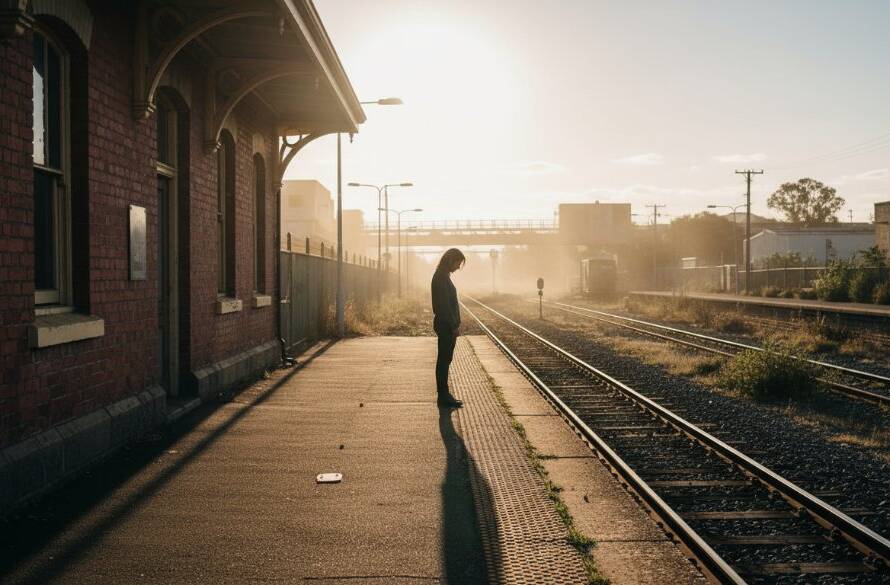A striking fine art photograph capturing an intimate, personal narrative moment in Albion, featuring dramatic chiaroscuro lighting on a subject near a historical building, epitomizing Albion fine art photography capturing personal narratives.