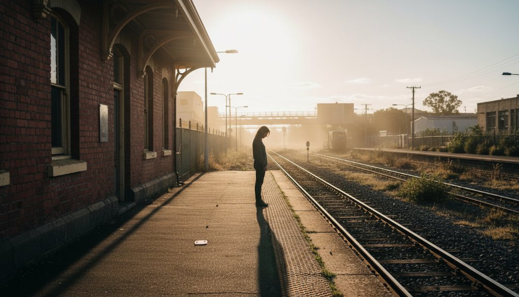 A striking fine art photograph capturing an intimate, personal narrative moment in Albion, featuring dramatic chiaroscuro lighting on a subject near a historical building, epitomizing Albion fine art photography capturing personal narratives.