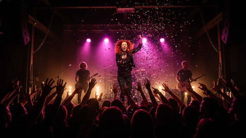 A dynamic wide shot of a lead guitarist mid-shred under dramatic stage lights, capturing the raw energy of an Albion live music photography capturing raw energy performance, with blurred audience hands in the foreground.