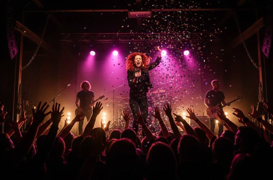 A dynamic wide shot of a lead guitarist mid-shred under dramatic stage lights, capturing the raw energy of an Albion live music photography capturing raw energy performance, with blurred audience hands in the foreground.