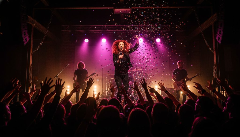 A dynamic wide shot of a lead guitarist mid-shred under dramatic stage lights, capturing the raw energy of an Albion live music photography capturing raw energy performance, with blurred audience hands in the foreground.