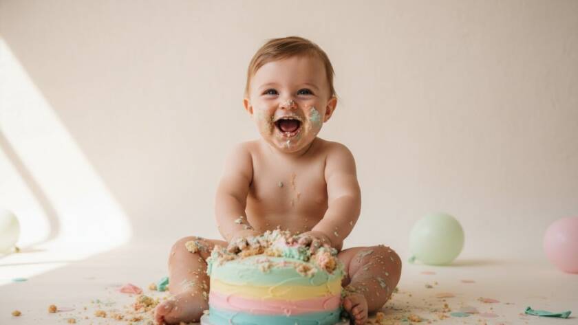 An 'epic moment' photograph capturing the pure 'Albion VIC first birthday cake smash photoshoot joy' of a baby, eyes wide with delight, covered in cake, amid a pastel-themed setup in a professional studio, dramatic natural light.