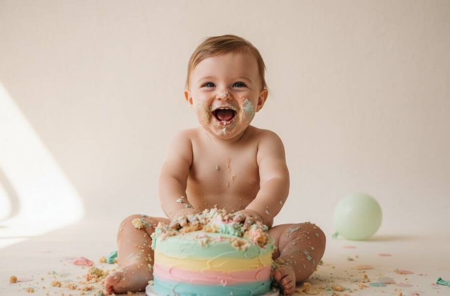 An 'epic moment' photograph capturing the pure 'Albion VIC first birthday cake smash photoshoot joy' of a baby, eyes wide with delight, covered in cake, amid a pastel-themed setup in a professional studio, dramatic natural light.