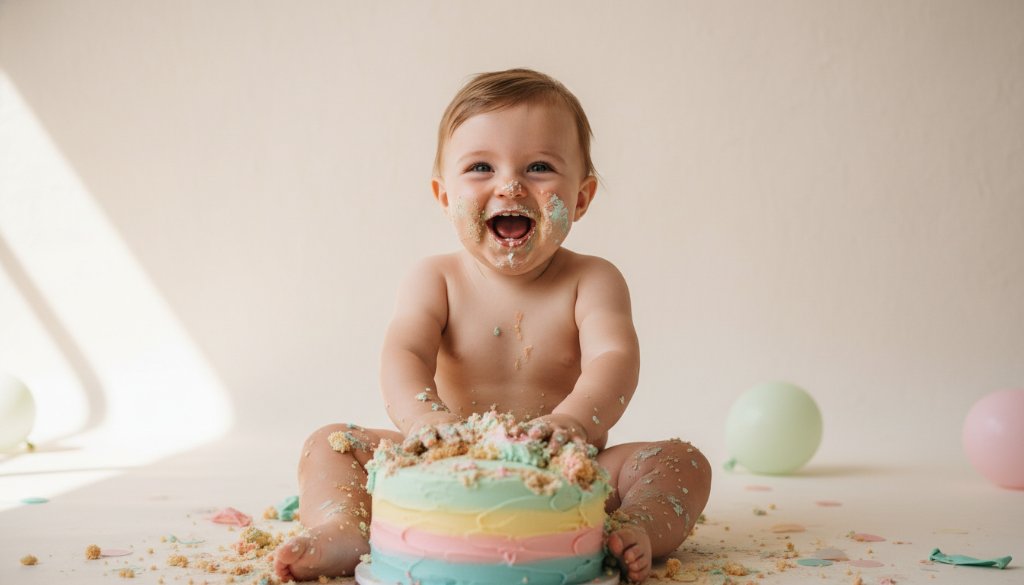 An 'epic moment' photograph capturing the pure 'Albion VIC first birthday cake smash photoshoot joy' of a baby, eyes wide with delight, covered in cake, amid a pastel-themed setup in a professional studio, dramatic natural light.