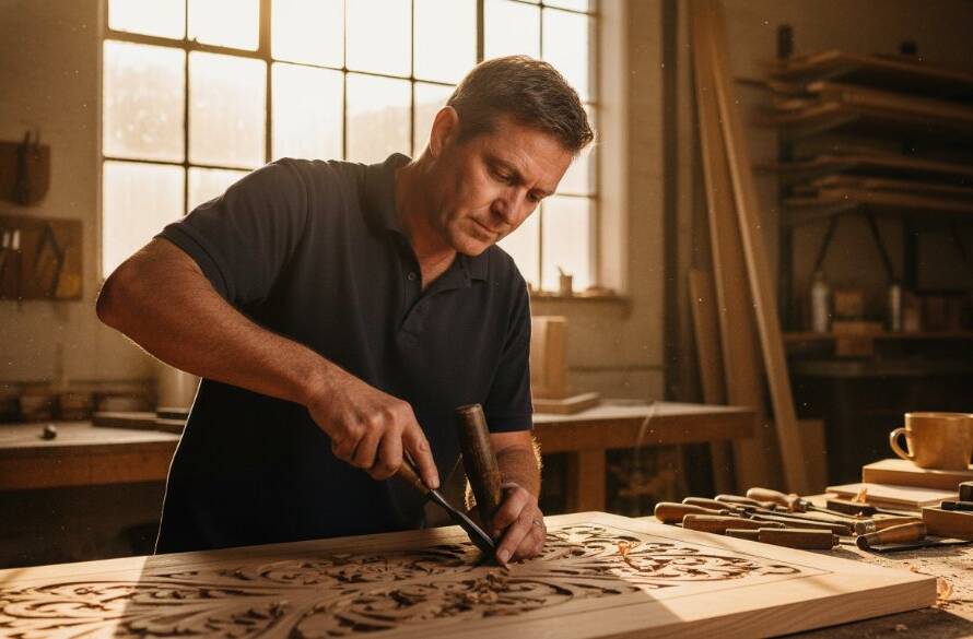 An inspiring, cinematic photograph showcasing an Albion Victoria commercial photography brand storytelling moment: a skilled artisan passionately working on custom furniture in their sunlit Albion workshop, dramatic side lighting highlighting their focused expression and the intricate details of their craft, conveying dedication and quality, captured with professional colour grading.