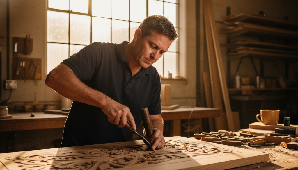 An inspiring, cinematic photograph showcasing an Albion Victoria commercial photography brand storytelling moment: a skilled artisan passionately working on custom furniture in their sunlit Albion workshop, dramatic side lighting highlighting their focused expression and the intricate details of their craft, conveying dedication and quality, captured with professional colour grading.
