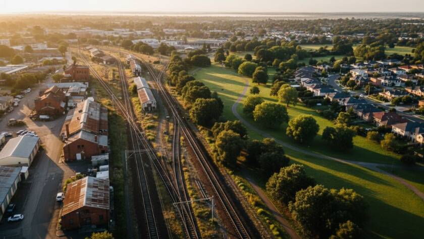 An expansive aerial shot showcasing Albion Victoria Drone Photography capturing local charm, with golden hour light illuminating the historic industrial architecture juxtaposed against lush parklands, creating a dramatic and picturesque scene.