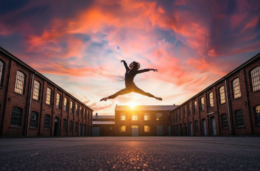 An Albion Victoria dynamic dance photography shot featuring a professional dancer mid-air, silhouetted against a dramatic sunset over a historic Albion building, showcasing grace and power in an epic moment.