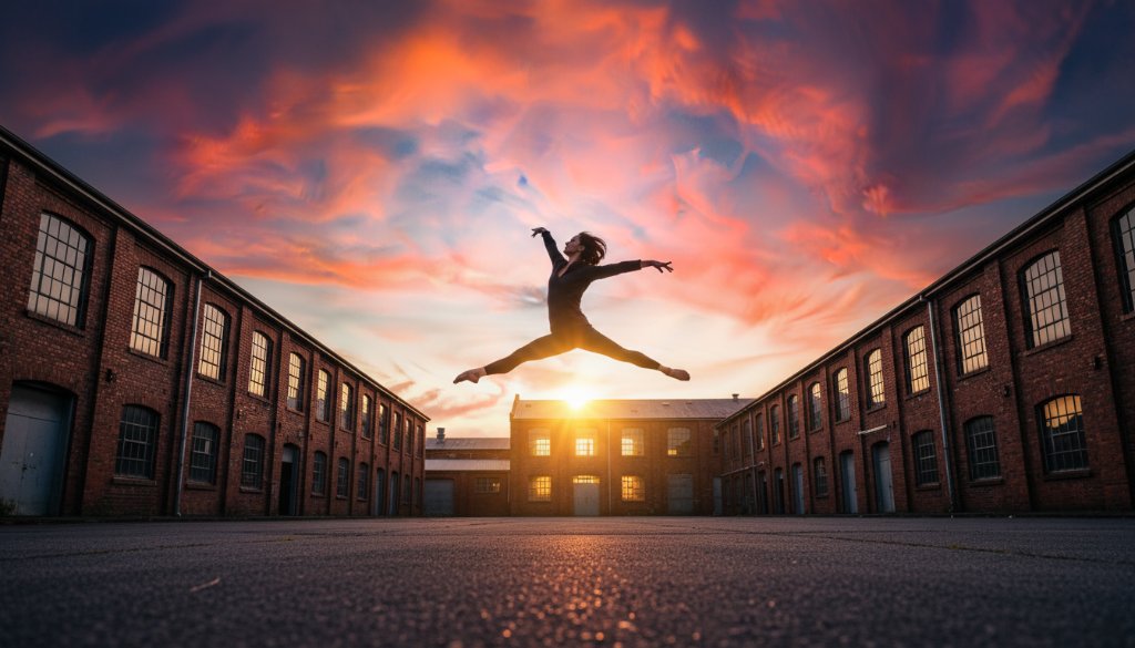 An Albion Victoria dynamic dance photography shot featuring a professional dancer mid-air, silhouetted against a dramatic sunset over a historic Albion building, showcasing grace and power in an epic moment.