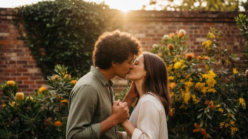 An epic moment captured during an an Albion Victoria engagement photography urban oasis shoot, featuring a couple embracing passionately at twilight in a vibrant, leafy urban park, dramatic backlighting highlighting their silhouette against a soft, glowing city skyline, professionally colour-graded for cinematic warmth.