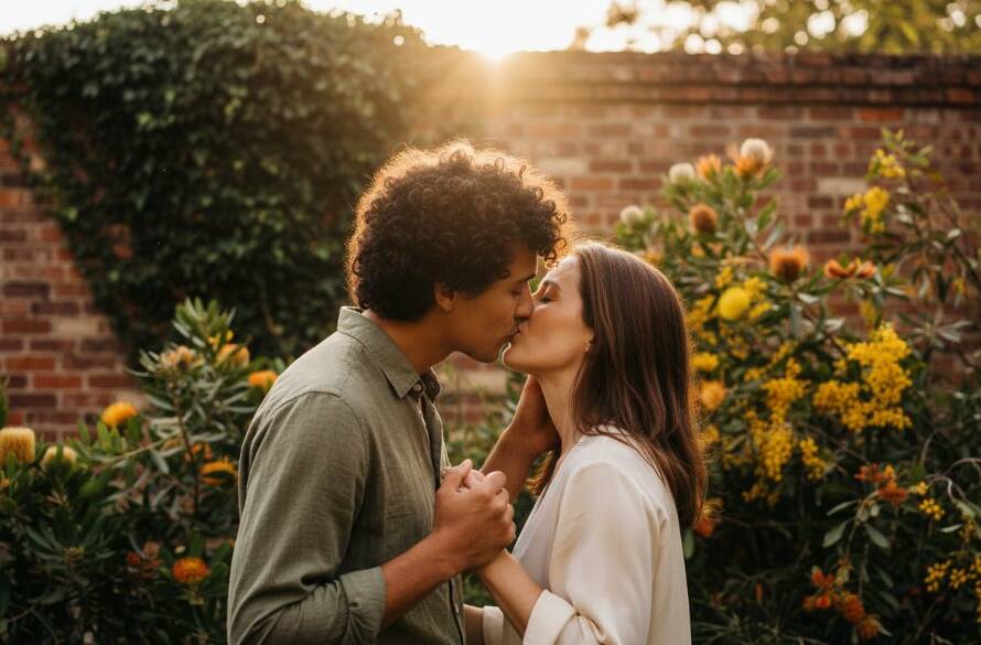 An epic moment captured during an an Albion Victoria engagement photography urban oasis shoot, featuring a couple embracing passionately at twilight in a vibrant, leafy urban park, dramatic backlighting highlighting their silhouette against a soft, glowing city skyline, professionally colour-graded for cinematic warmth.