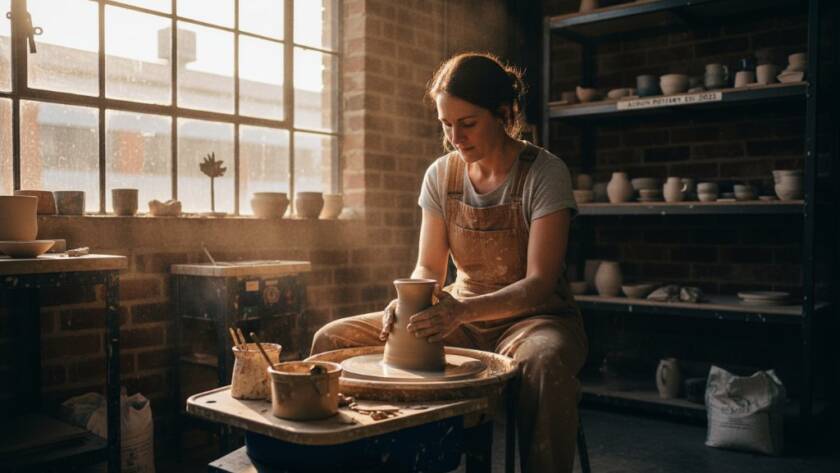 Dynamic wide-angle shot capturing the essence of Albion's Best Branding Photography for Businesses, showcasing a local artisan expertly crafting pottery in their sunlit Albion studio, dramatic light accentuating their focused expression and the intricate details of their work, conveying passion and dedication.