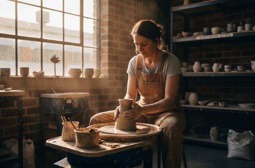 Dynamic wide-angle shot capturing the essence of Albion's Best Branding Photography for Businesses, showcasing a local artisan expertly crafting pottery in their sunlit Albion studio, dramatic light accentuating their focused expression and the intricate details of their work, conveying passion and dedication.