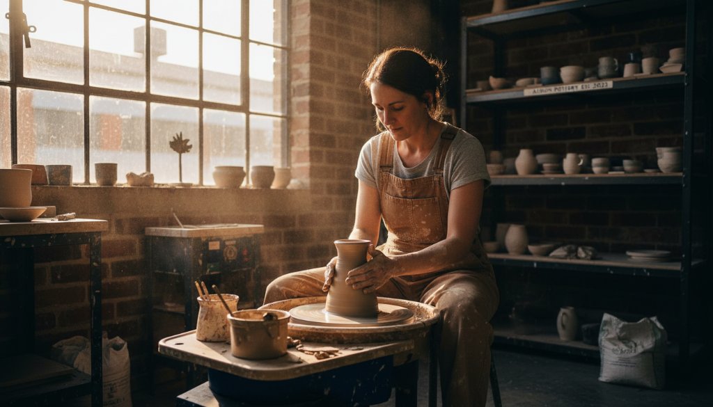 Dynamic wide-angle shot capturing the essence of Albion's Best Branding Photography for Businesses, showcasing a local artisan expertly crafting pottery in their sunlit Albion studio, dramatic light accentuating their focused expression and the intricate details of their work, conveying passion and dedication.