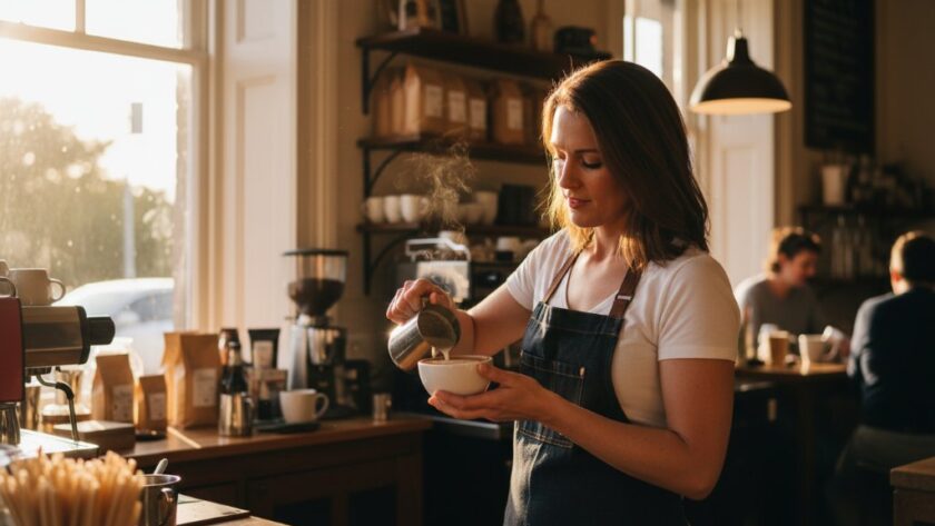 A dynamic, wide-angle shot of an Alfredton authentic small business branding photography session, capturing a local artisan passionately crafting pottery in a sunlit studio, with dramatic backlighting highlighting the clay dust in the air, conveying dedication and artistry.