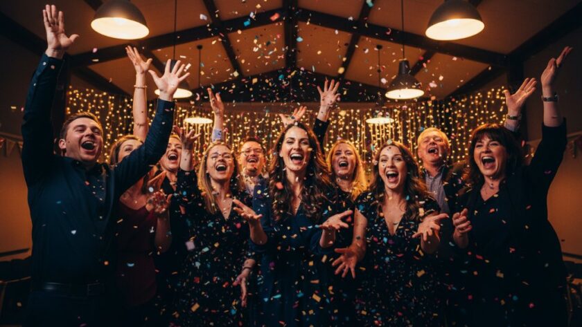 An 'epic moment' photograph capturing the sheer Alfredton birthday party photography joy, with a group of friends cheering wildly around a person blowing out candles, confetti falling, dramatic lighting highlighting their ecstatic faces, set against a festive Alfredton community hall backdrop.