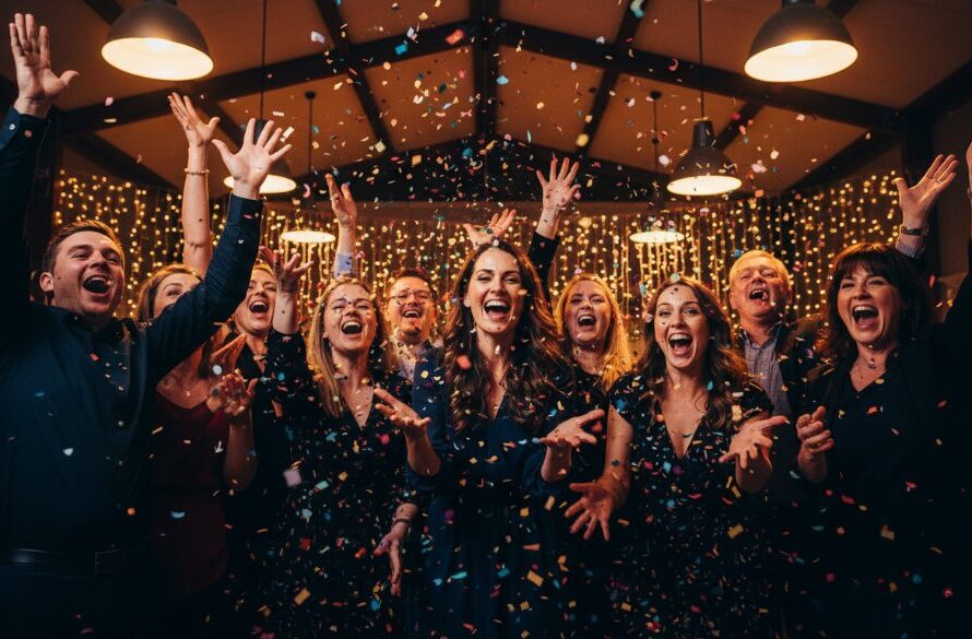 An 'epic moment' photograph capturing the sheer Alfredton birthday party photography joy, with a group of friends cheering wildly around a person blowing out candles, confetti falling, dramatic lighting highlighting their ecstatic faces, set against a festive Alfredton community hall backdrop.