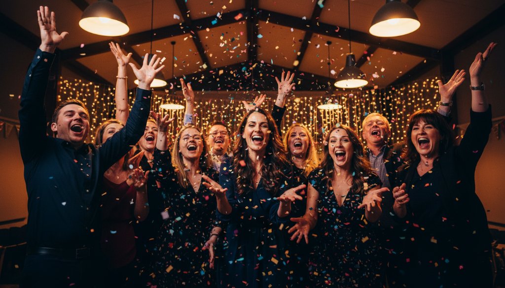 An 'epic moment' photograph capturing the sheer Alfredton birthday party photography joy, with a group of friends cheering wildly around a person blowing out candles, confetti falling, dramatic lighting highlighting their ecstatic faces, set against a festive Alfredton community hall backdrop.