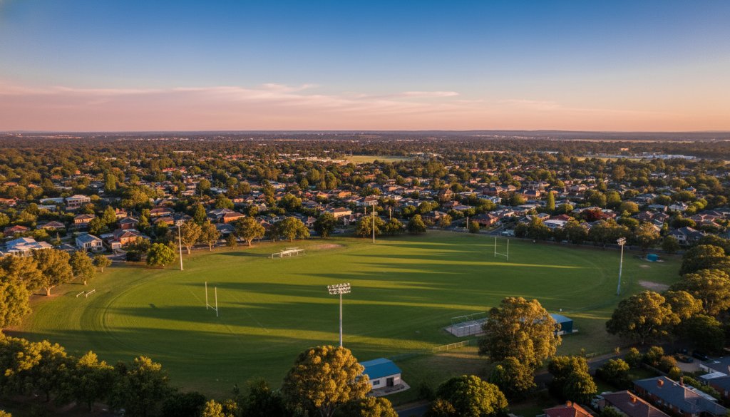 An epic moment of Alfredton Drone Photography Panoramic Views capturing the stunning, vibrant green cricket oval and historic red-brick buildings bathed in golden hour light, from a high aerial perspective, showcasing the expansive Victorian landscape.