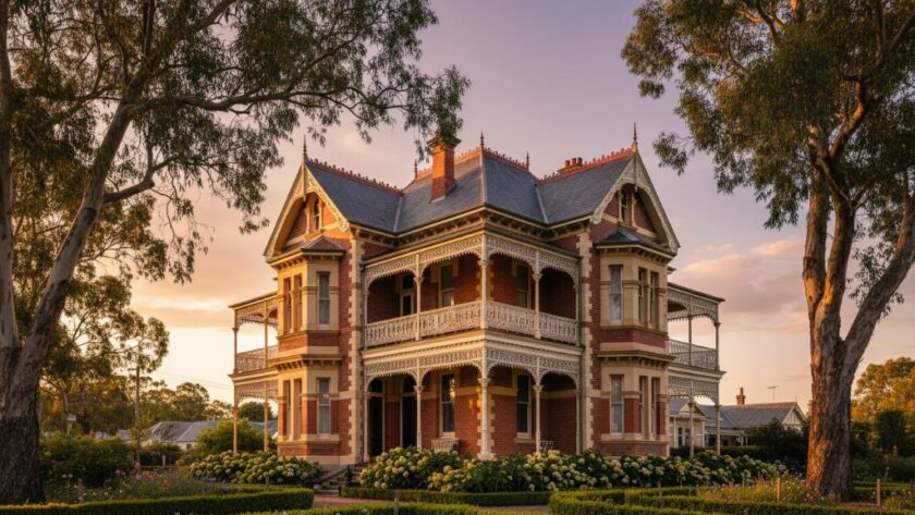 Dramatic wide-angle shot showcasing the intricate Victorian-era facade of a prominent Alfredton heritage building, bathed in the golden light of a setting sun. The image captures the enduring beauty of Alfredton heritage building photography expertise, with long shadows emphasizing architectural details.