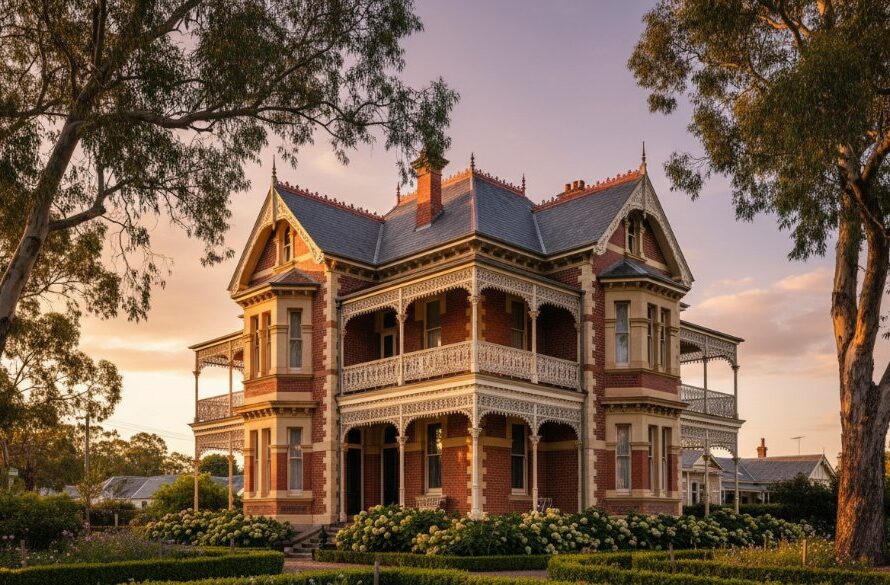 Dramatic wide-angle shot showcasing the intricate Victorian-era facade of a prominent Alfredton heritage building, bathed in the golden light of a setting sun. The image captures the enduring beauty of Alfredton heritage building photography expertise, with long shadows emphasizing architectural details.
