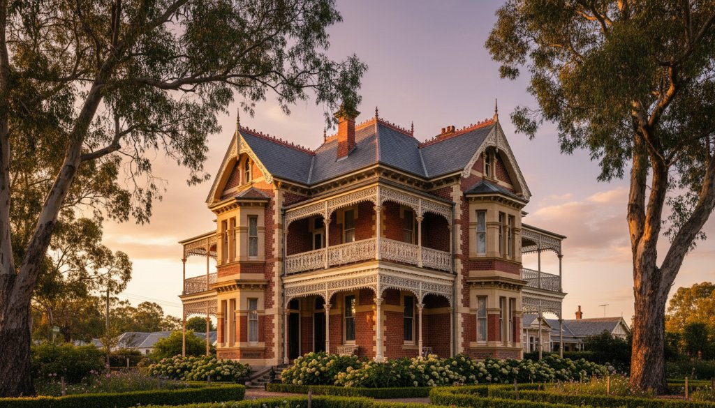 Dramatic wide-angle shot showcasing the intricate Victorian-era facade of a prominent Alfredton heritage building, bathed in the golden light of a setting sun. The image captures the enduring beauty of Alfredton heritage building photography expertise, with long shadows emphasizing architectural details.