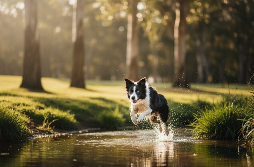 A majestic golden retriever joyfully leaping through a sun-dappled park in Alfredton, Victoria, its fur glowing, capturing an epic moment of Alfredton joyful pet photography Victoria.