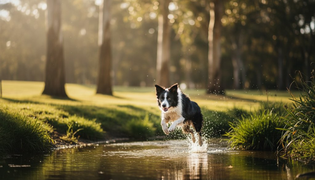 A majestic golden retriever joyfully leaping through a sun-dappled park in Alfredton, Victoria, its fur glowing, capturing an epic moment of Alfredton joyful pet photography Victoria.