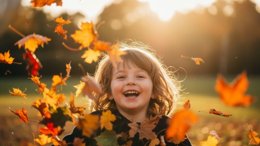 A child, mid-jump, laughing joyfully in a sun-dappled Alfredton park, expertly captured by Alfredton Kids Photography Capturing Genuine Ballarat Smiles. Golden hour light creates a cinematic, professional photograph.