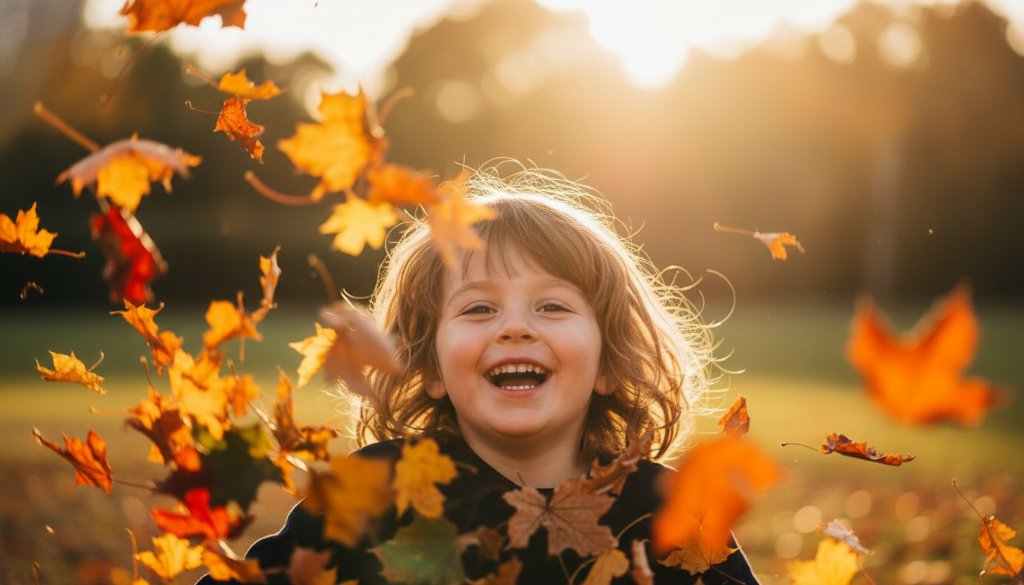 A child, mid-jump, laughing joyfully in a sun-dappled Alfredton park, expertly captured by Alfredton Kids Photography Capturing Genuine Ballarat Smiles. Golden hour light creates a cinematic, professional photograph.