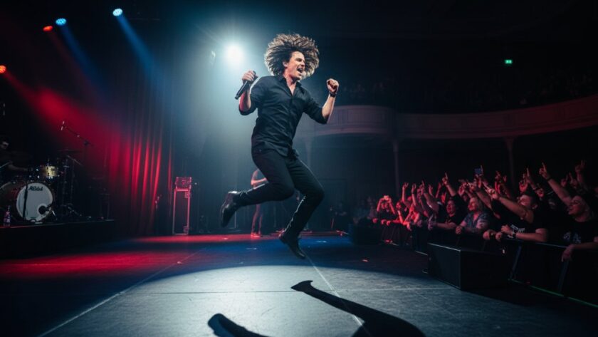 Dynamic wide shot of a lead guitarist mid-jump on stage at a local Alfredton venue, spotlight beaming, capturing Alfredton live music photography Ballarat unforgettable moments with vibrant light trails and an engaged crowd in the foreground.