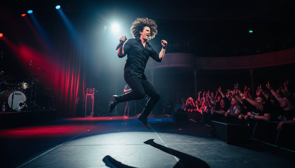 Dynamic wide shot of a lead guitarist mid-jump on stage at a local Alfredton venue, spotlight beaming, capturing Alfredton live music photography Ballarat unforgettable moments with vibrant light trails and an engaged crowd in the foreground.